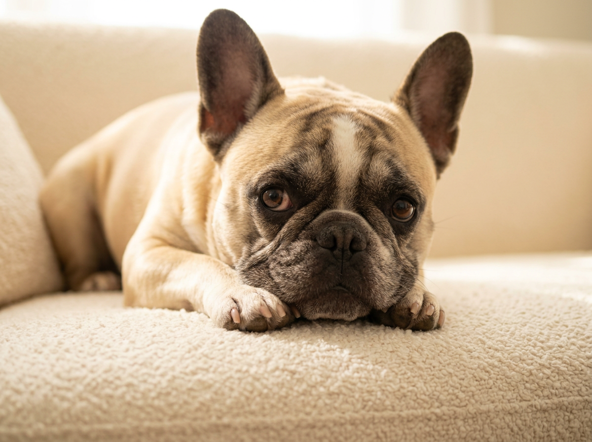 Boo, a French Bulldog, looking innocently at the camera